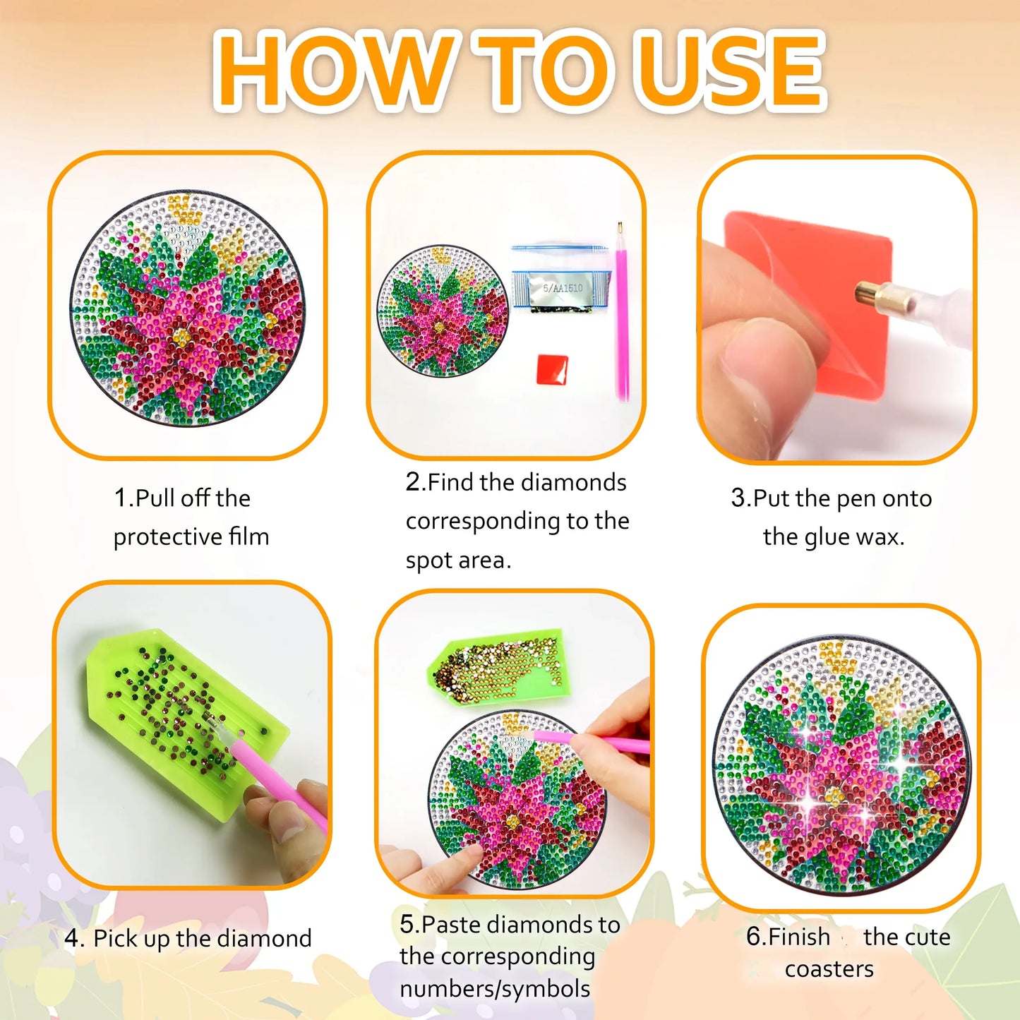 Pink Flowers DIY Paint By Diamonds Coaster Kit (10 Pc)