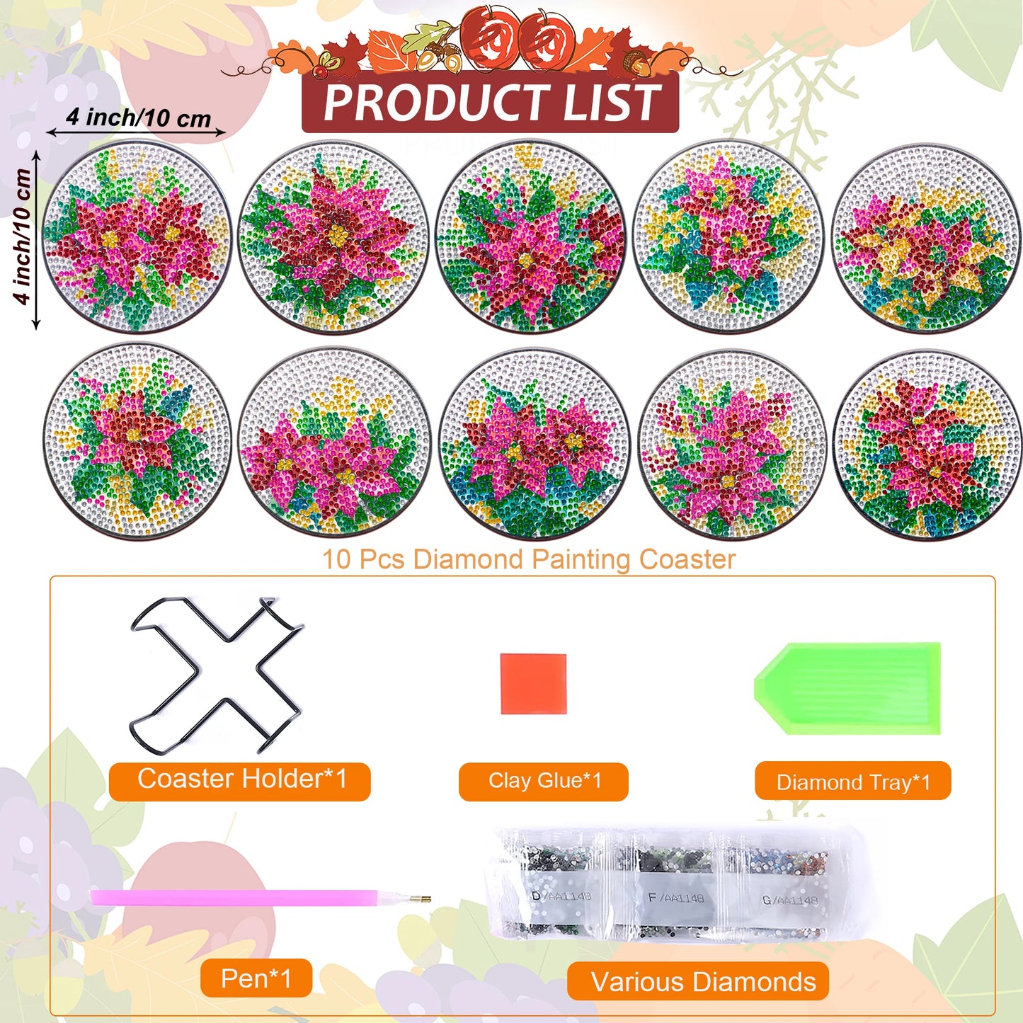 Pink Flowers DIY Paint By Diamonds Coaster Kit (10 Pc)