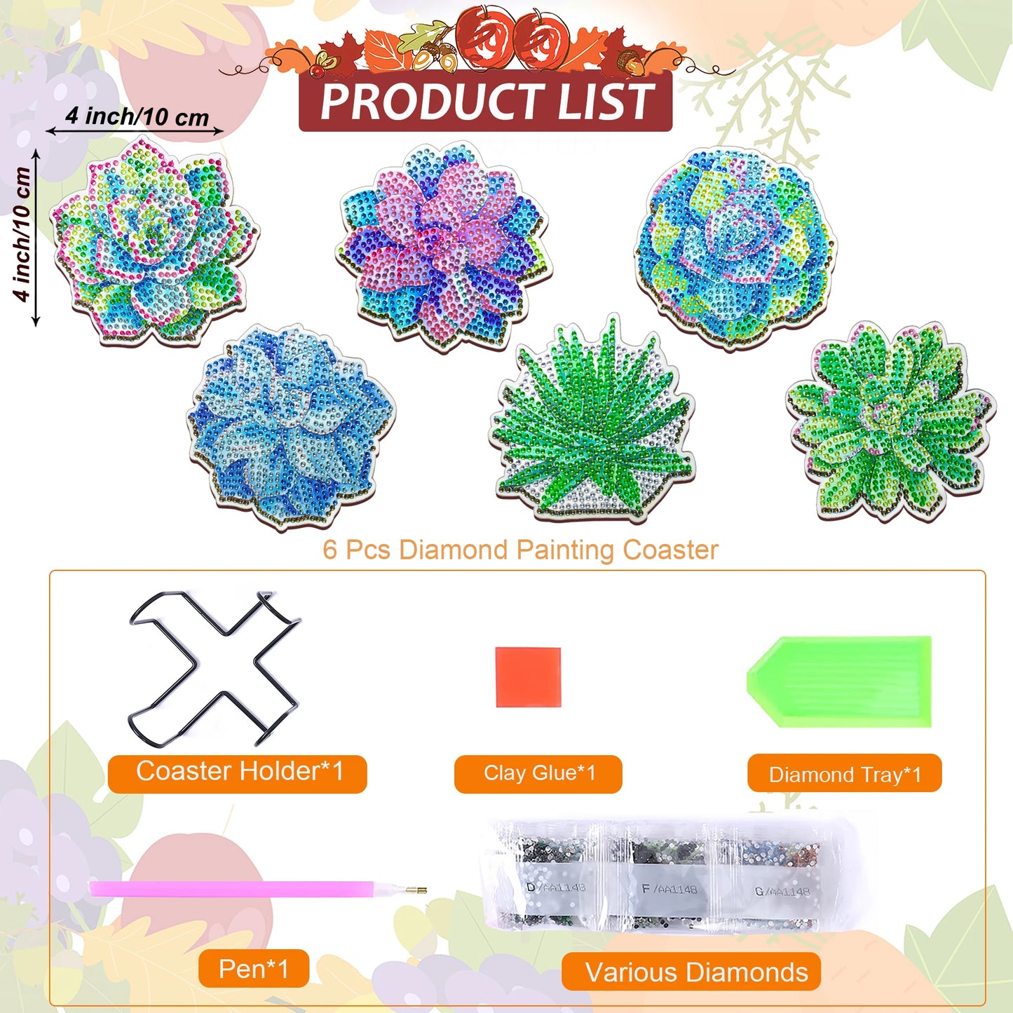 Succulent DIY Paint By Diamonds Coaster Kit (6 Pc)