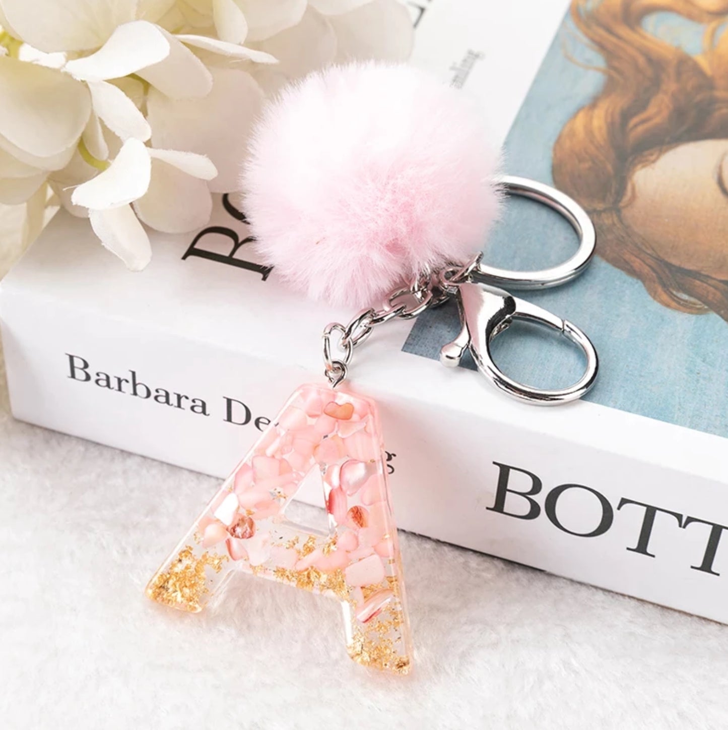 Sakura Gold Letter Pom Keychain