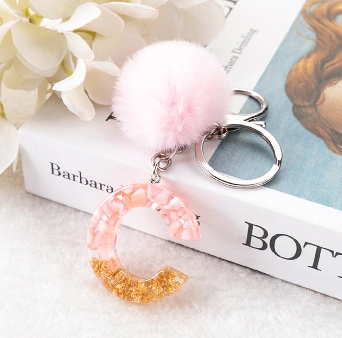 Sakura Gold Letter Pom Keychain