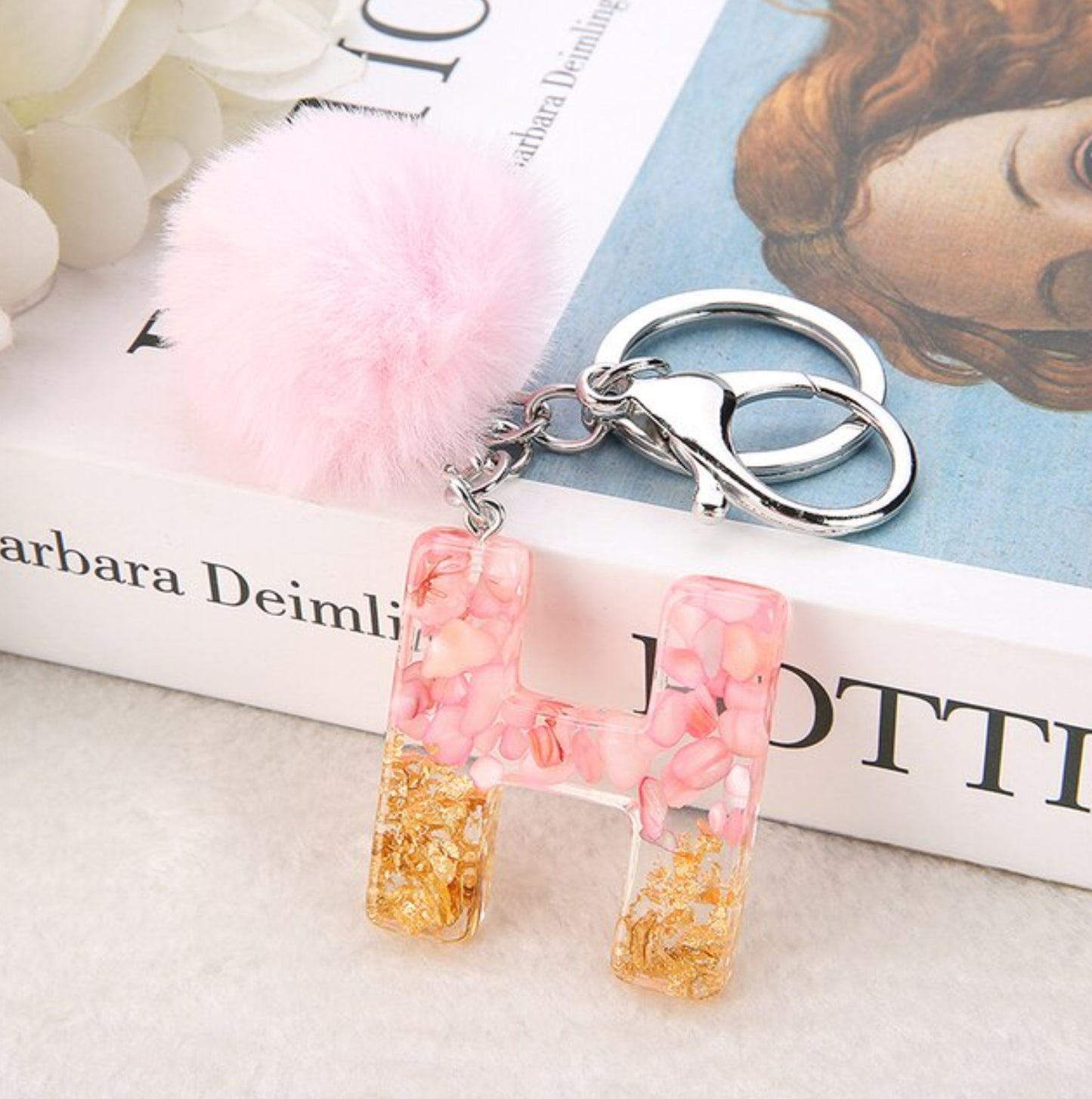 Sakura Gold Letter Pom Keychain