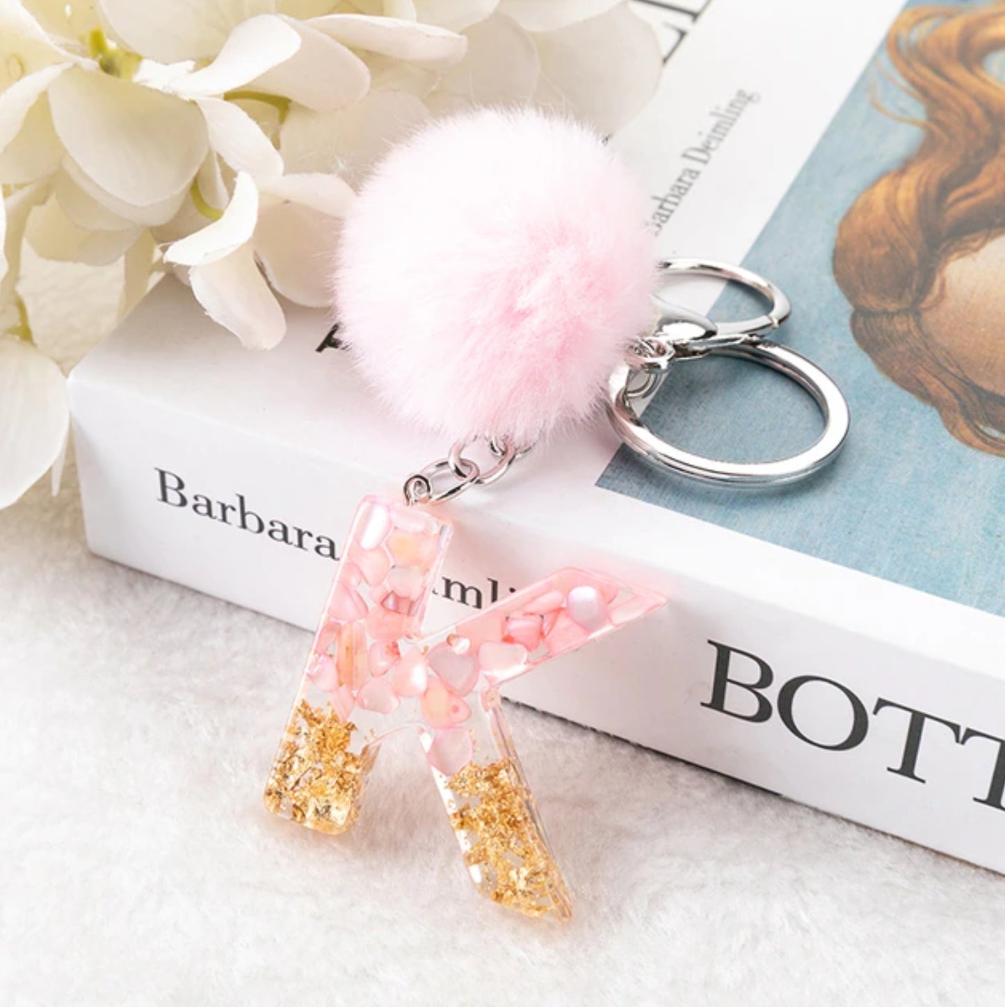 Sakura Gold Letter Pom Keychain