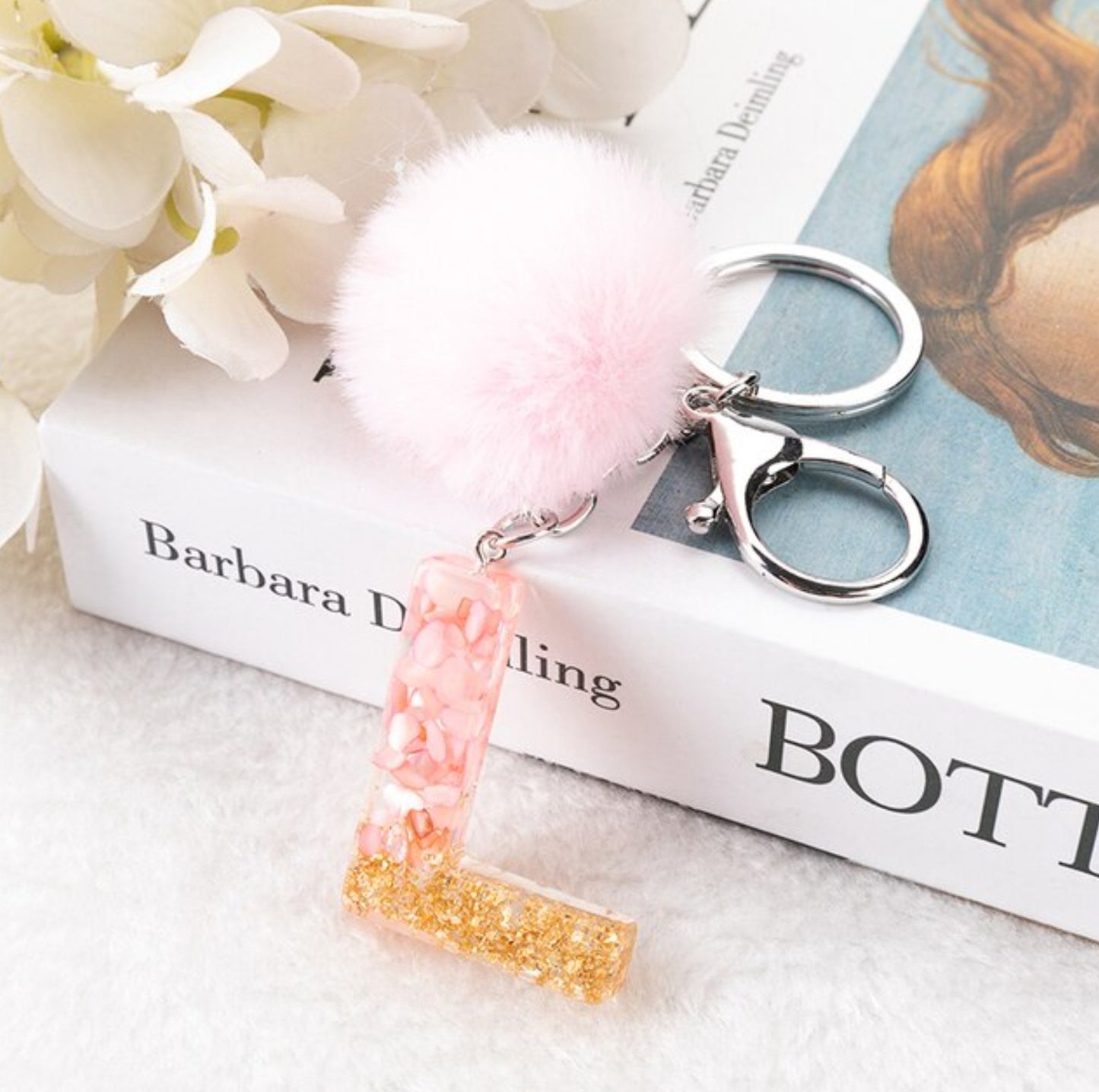 Sakura Gold Letter Pom Keychain