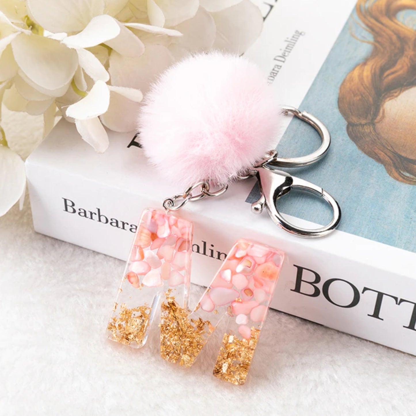 Sakura Gold Letter Pom Keychain