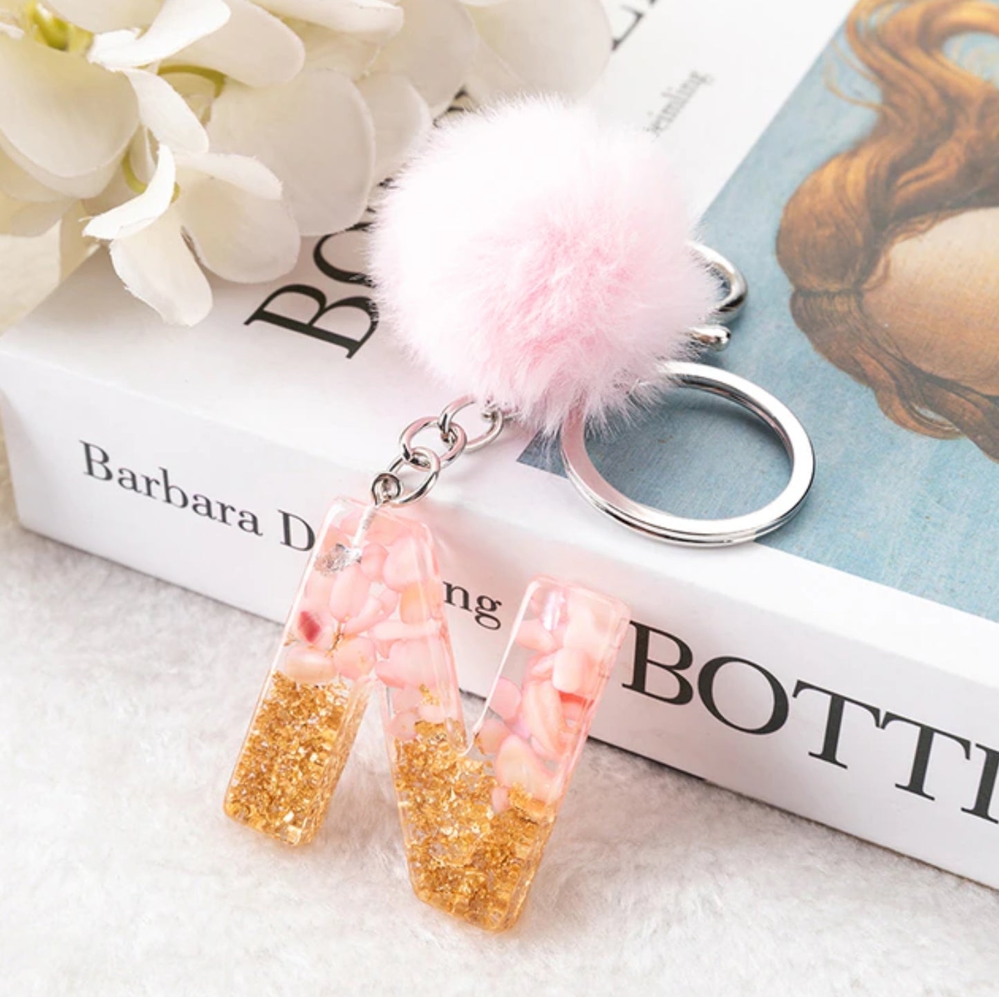 Sakura Gold Letter Pom Keychain