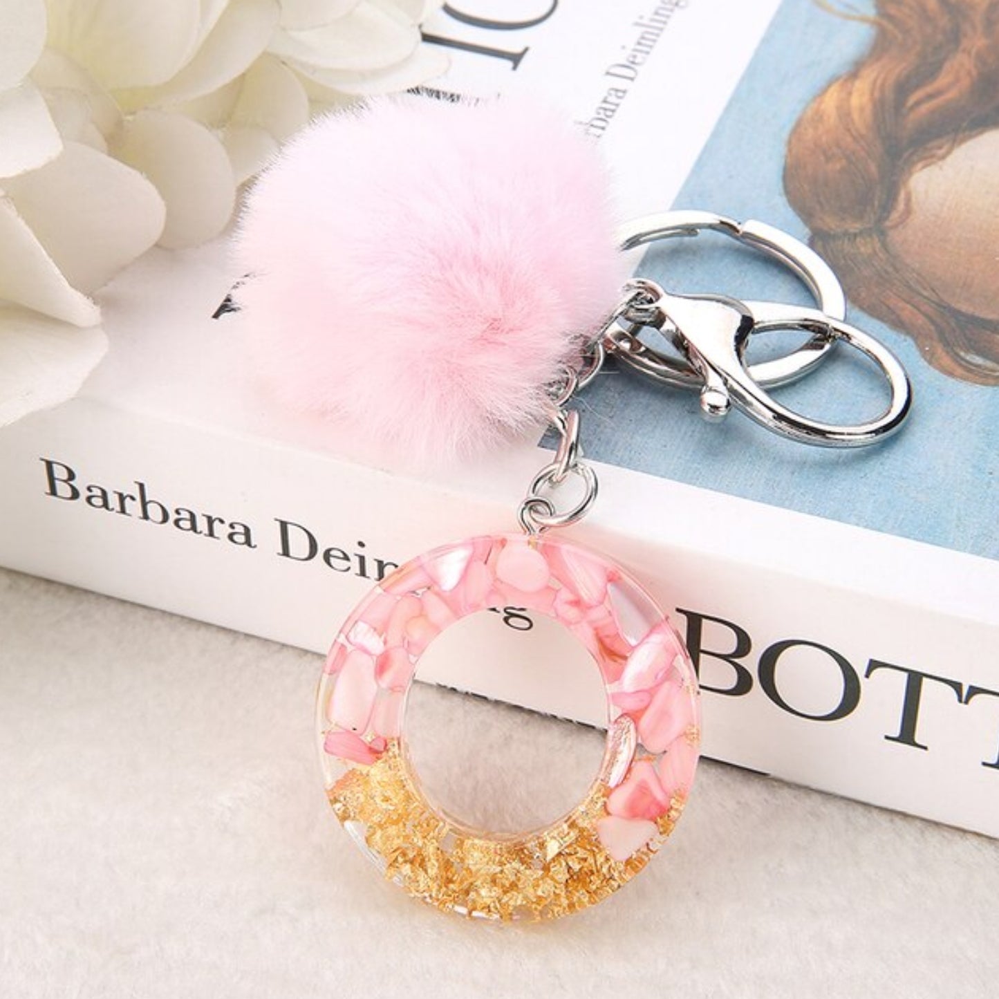 Sakura Gold Letter Pom Keychain