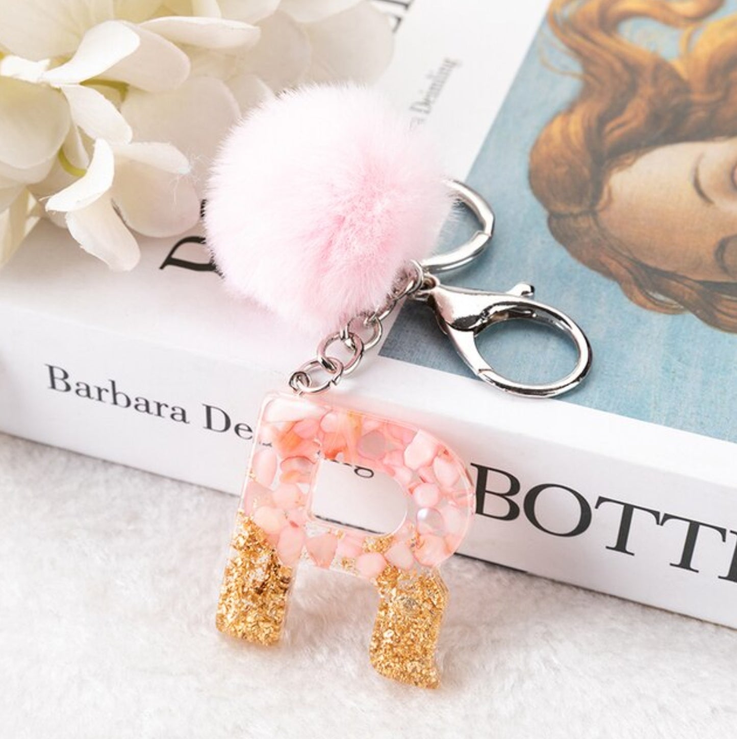 Sakura Gold Letter Pom Keychain