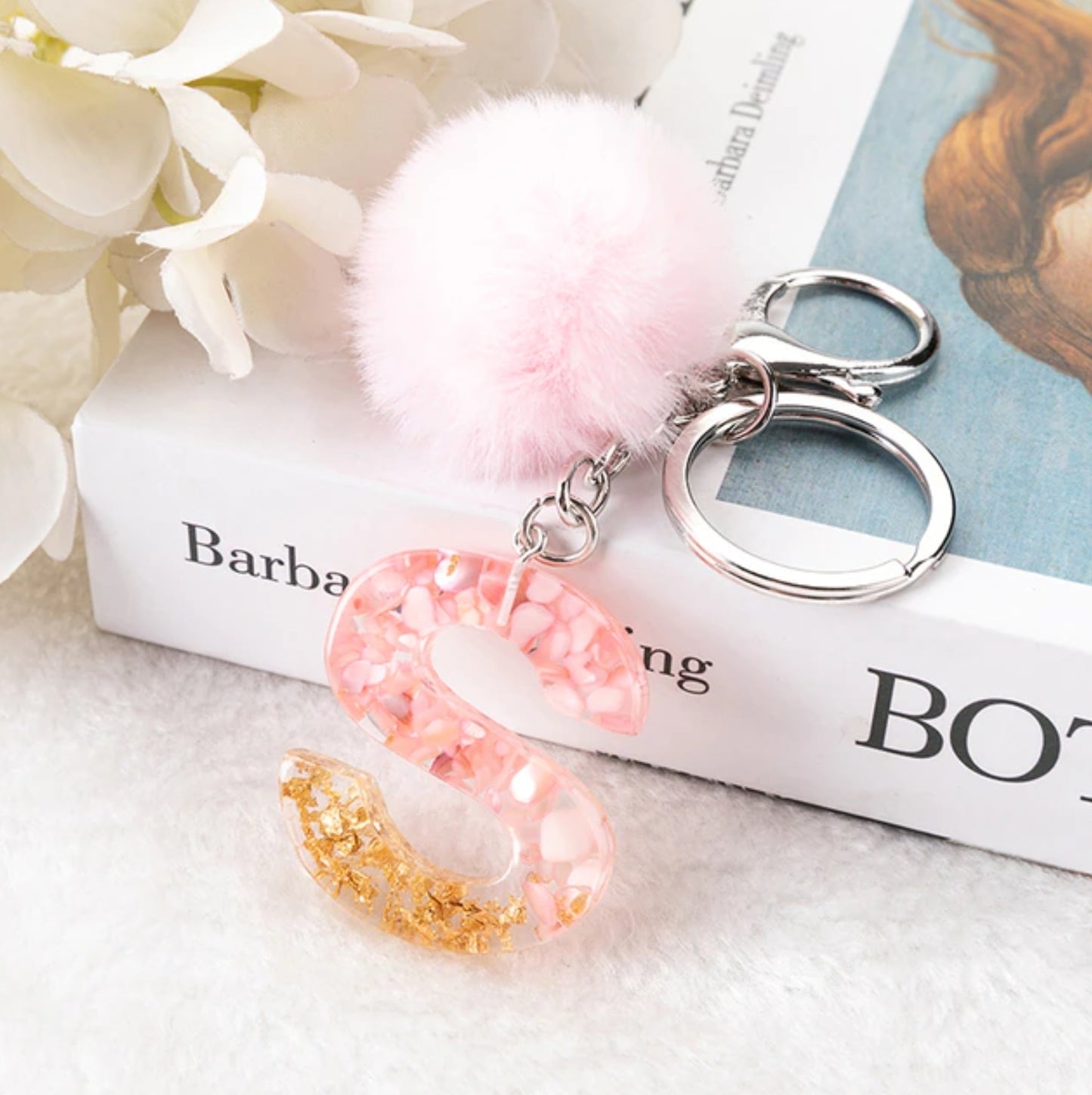 Sakura Gold Letter Pom Keychain