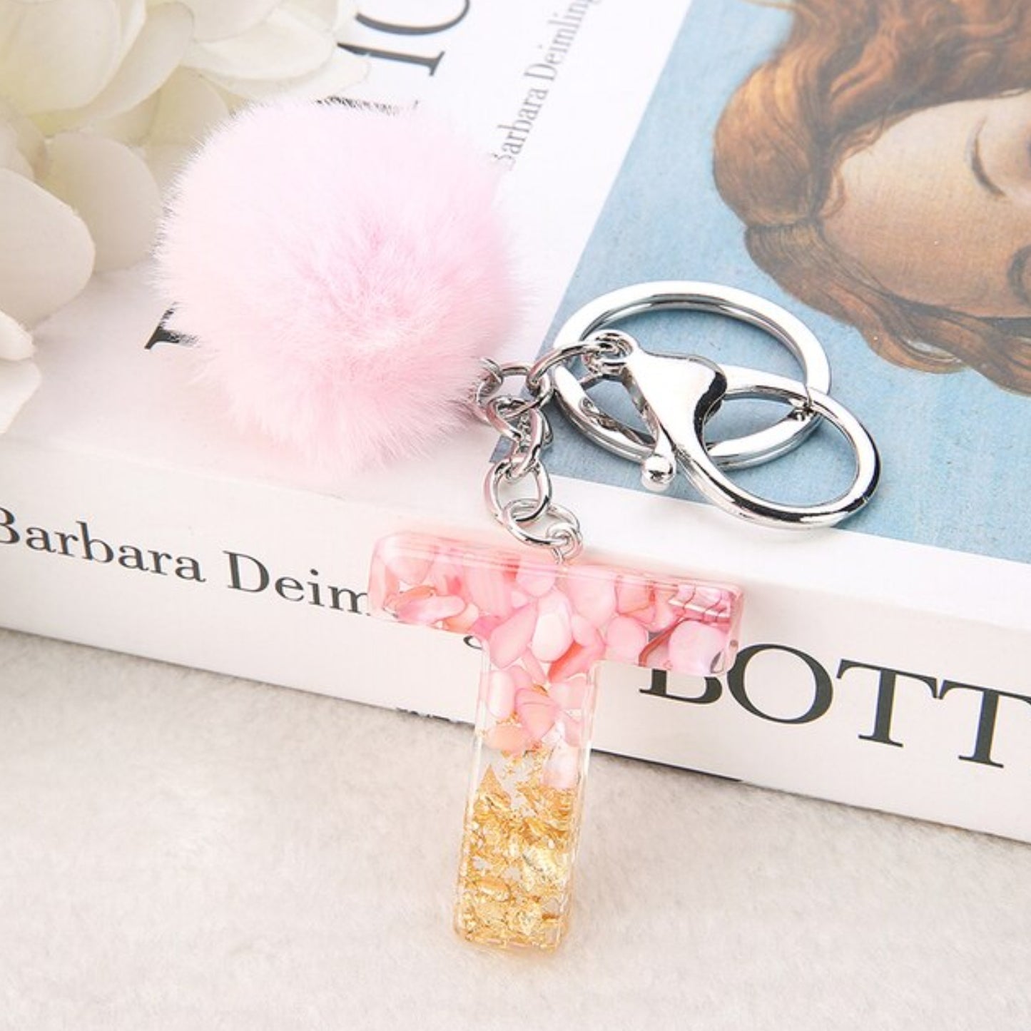 Sakura Gold Letter Pom Keychain