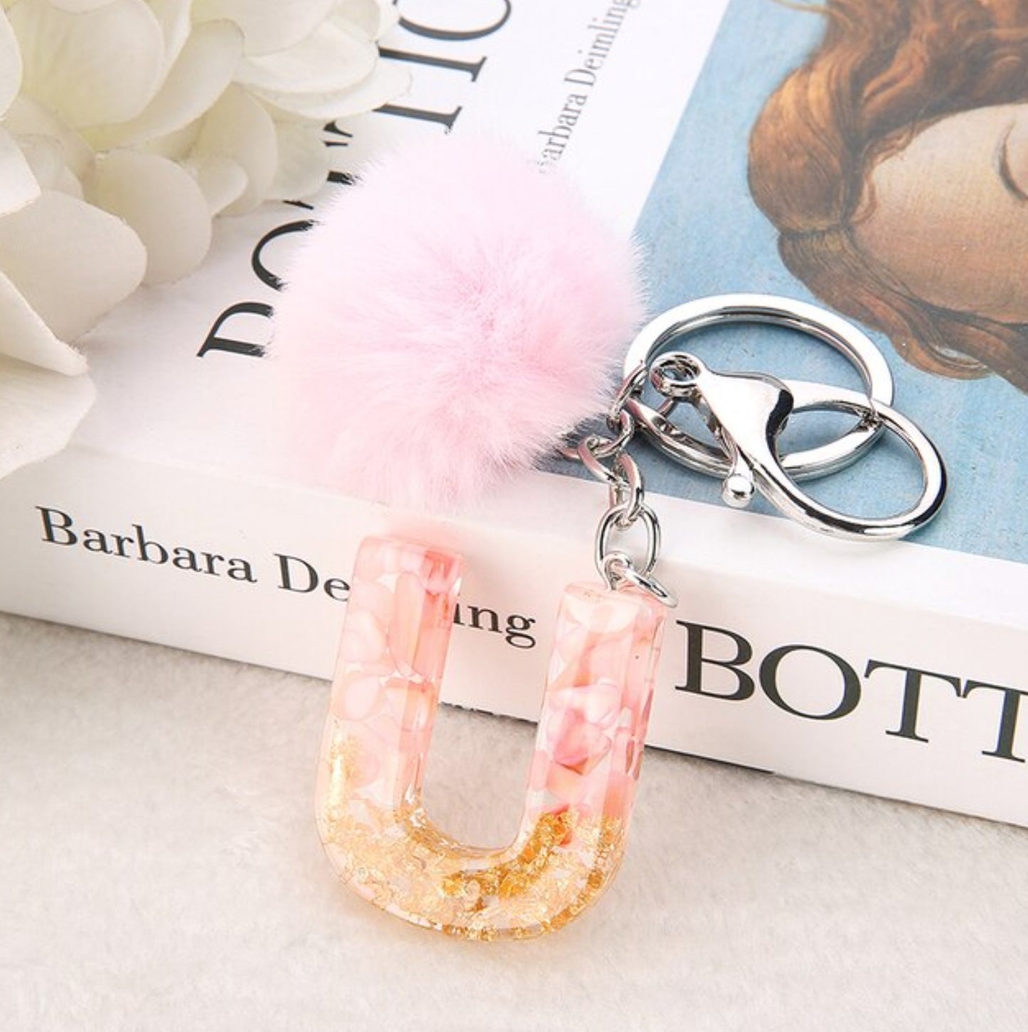 Sakura Gold Letter Pom Keychain