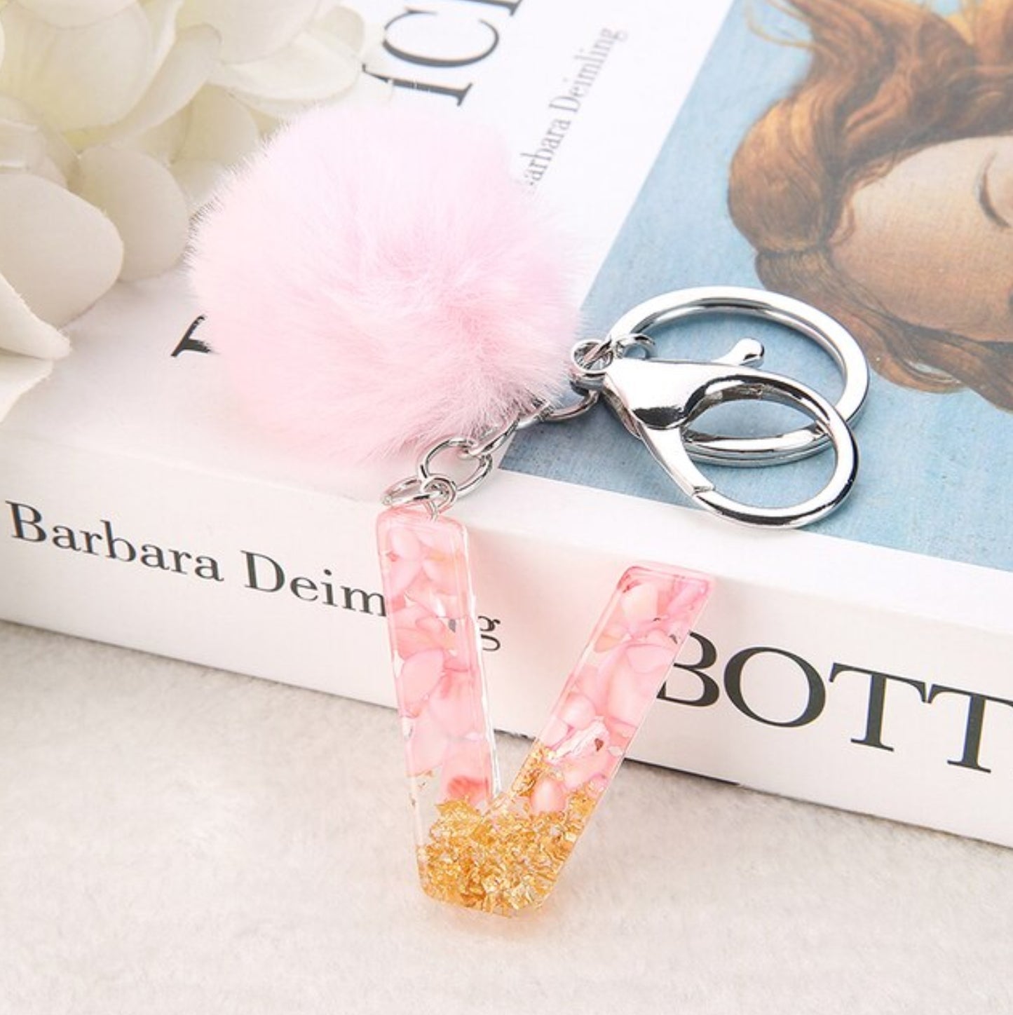 Sakura Gold Letter Pom Keychain