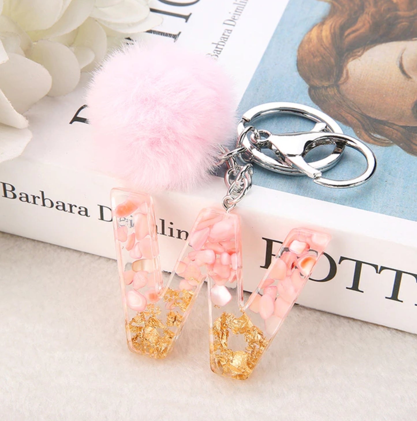 Sakura Gold Letter Pom Keychain