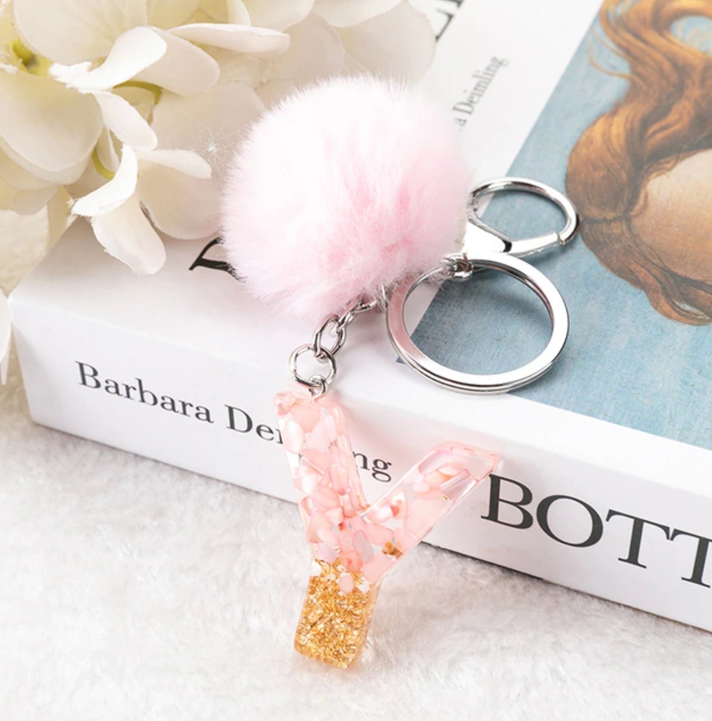 Sakura Gold Letter Pom Keychain