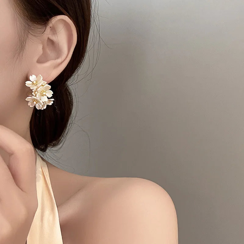 White Sakura Blossom Hoop Earrings