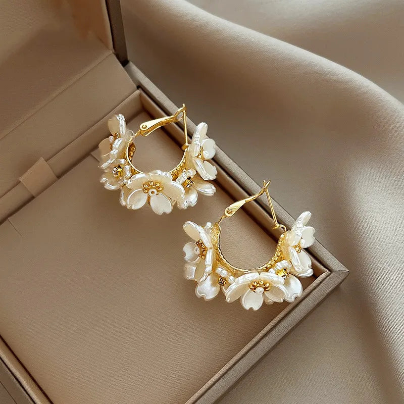 White Sakura Blossom Hoop Earrings